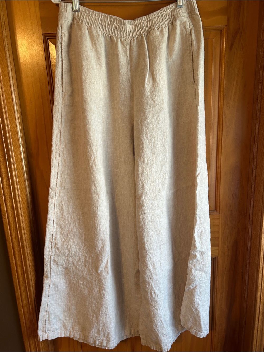 Lands' End Neutral Beige 100% Linen Wide Leg Palazzo Trouser Size Large